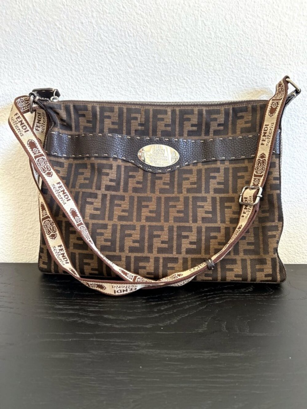 Fendi Selleria Zucca Crossbody Brown FF Logo Bag Adjustable Strap